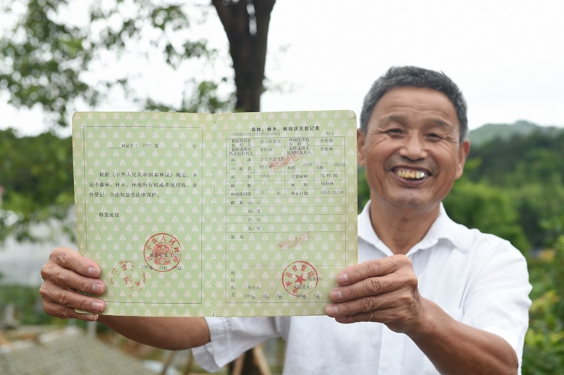 2017年6月13日，福建武平縣萬安鎮(zhèn)捷文村村民李桂林展示林權改革后領到的全國第一本新式林權證。