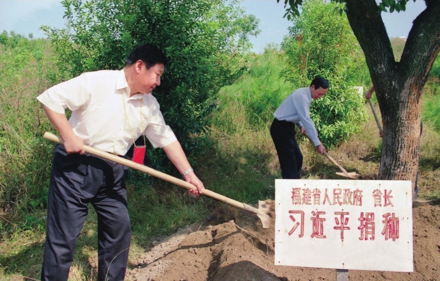 2001年10月，習(xí)近平在龍巖市長(zhǎng)汀縣調(diào)研水土流失治理工作，在河田世紀(jì)生態(tài)園為樹培土。圖源：《習(xí)近平在福建（下）》