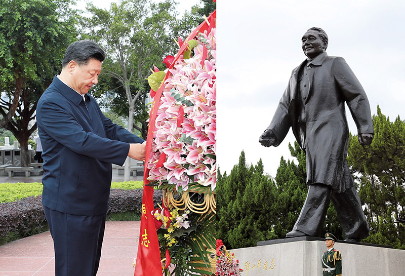 2020年10月14日，習(xí)近平總書記向深圳蓮花山公園鄧小平同志銅像敬獻(xiàn)花籃。